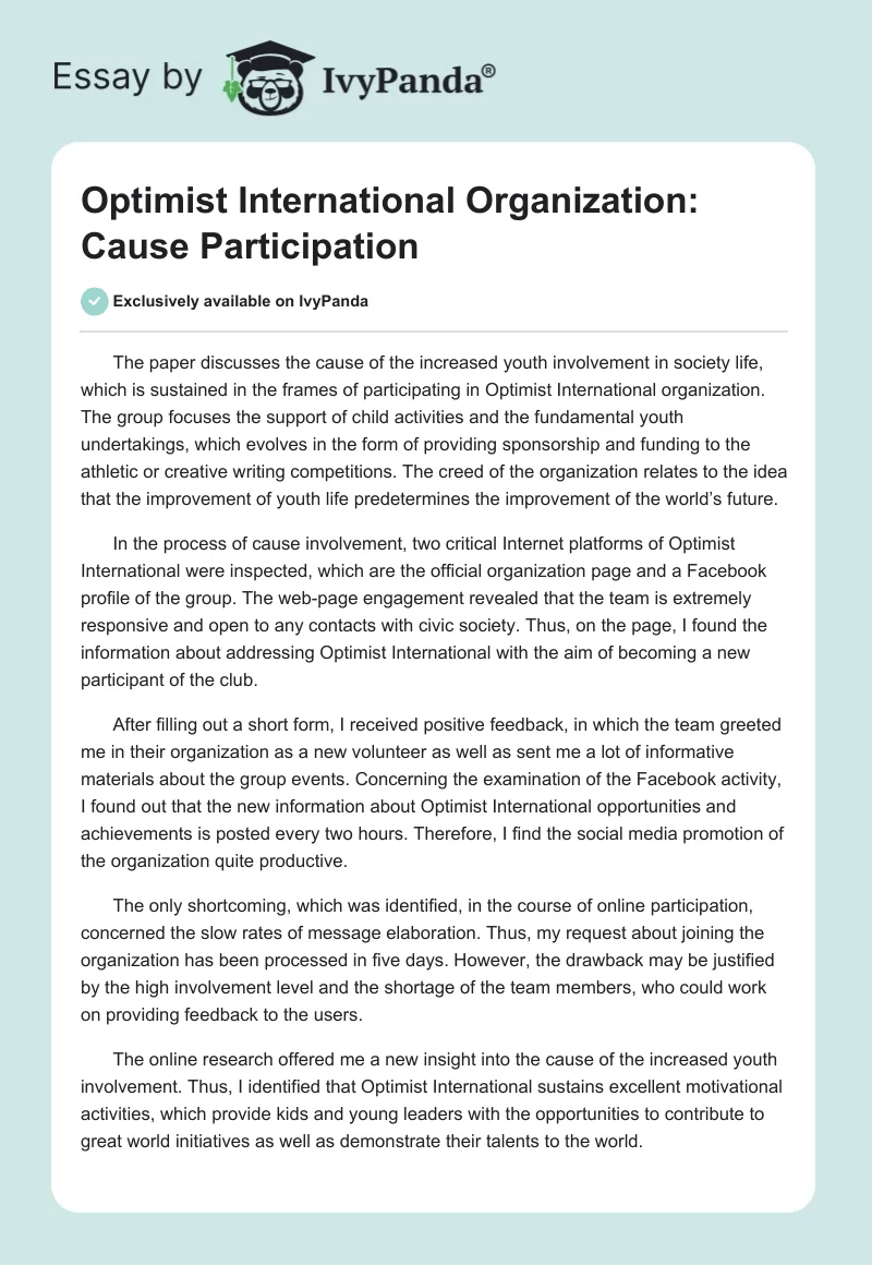 Optimist International Organization: Cause Participation. Page 1