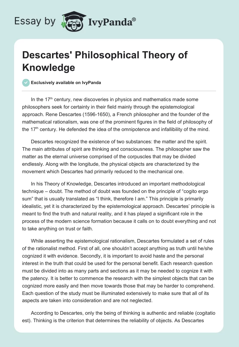 Descartes' Philosophical Theory of Knowledge. Page 1