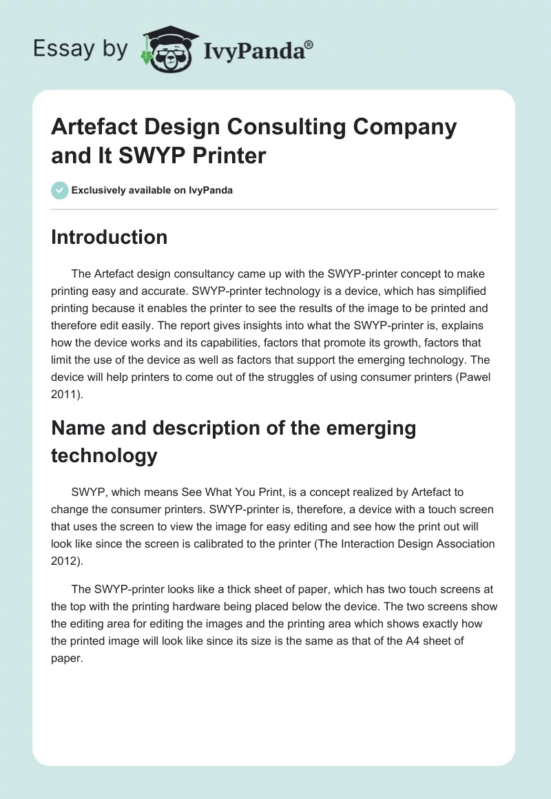 Artefact Design Consulting Company and It SWYP Printer. Page 1