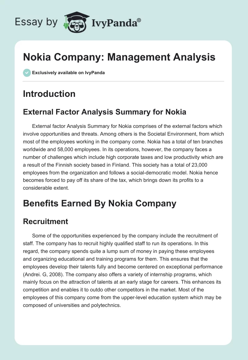 Nokia Company: Management Analysis. Page 1