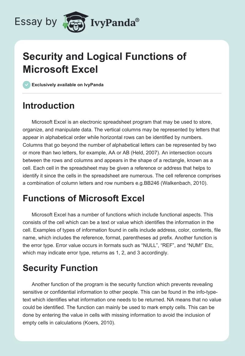 Security and Logical Functions of Microsoft Excel. Page 1