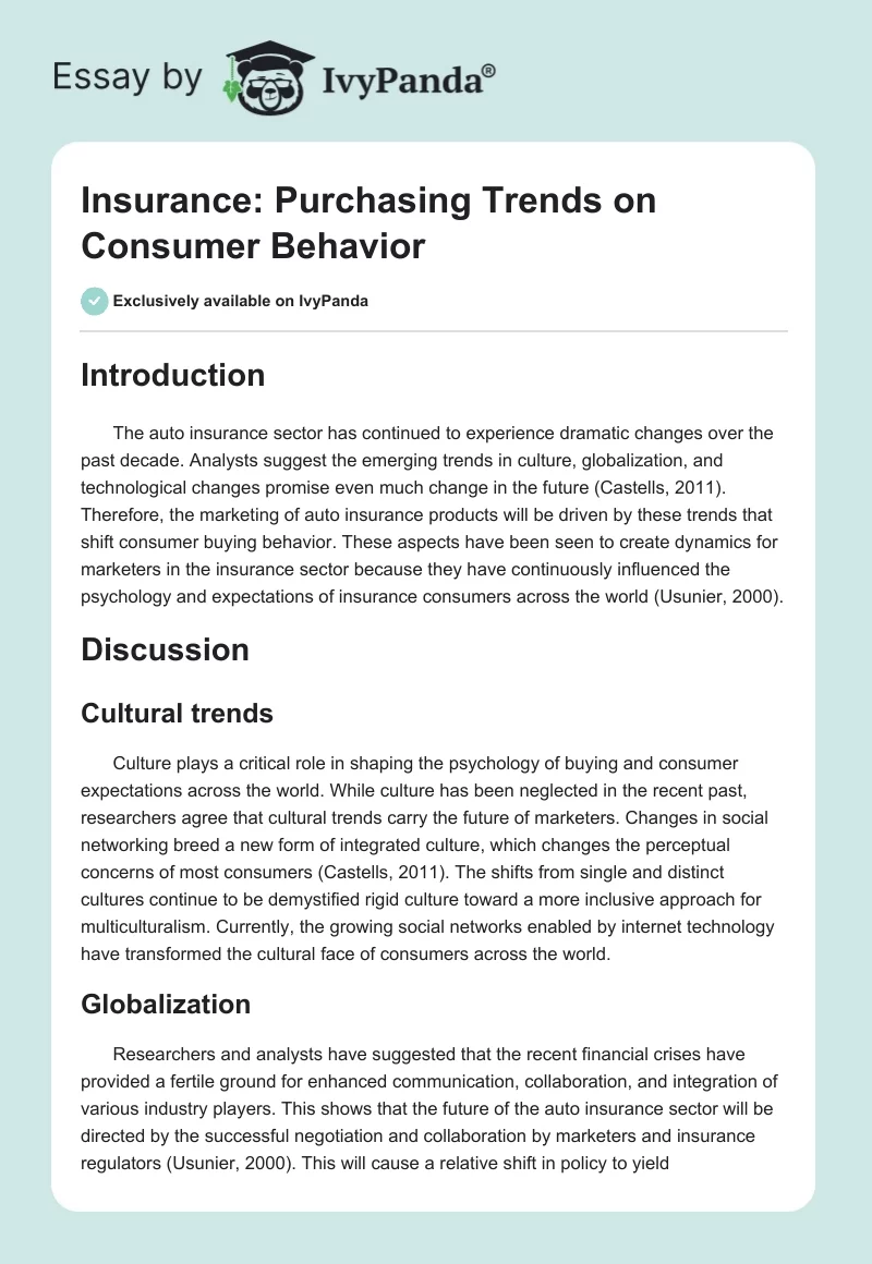 Insurance: Purchasing Trends on Consumer Behavior. Page 1