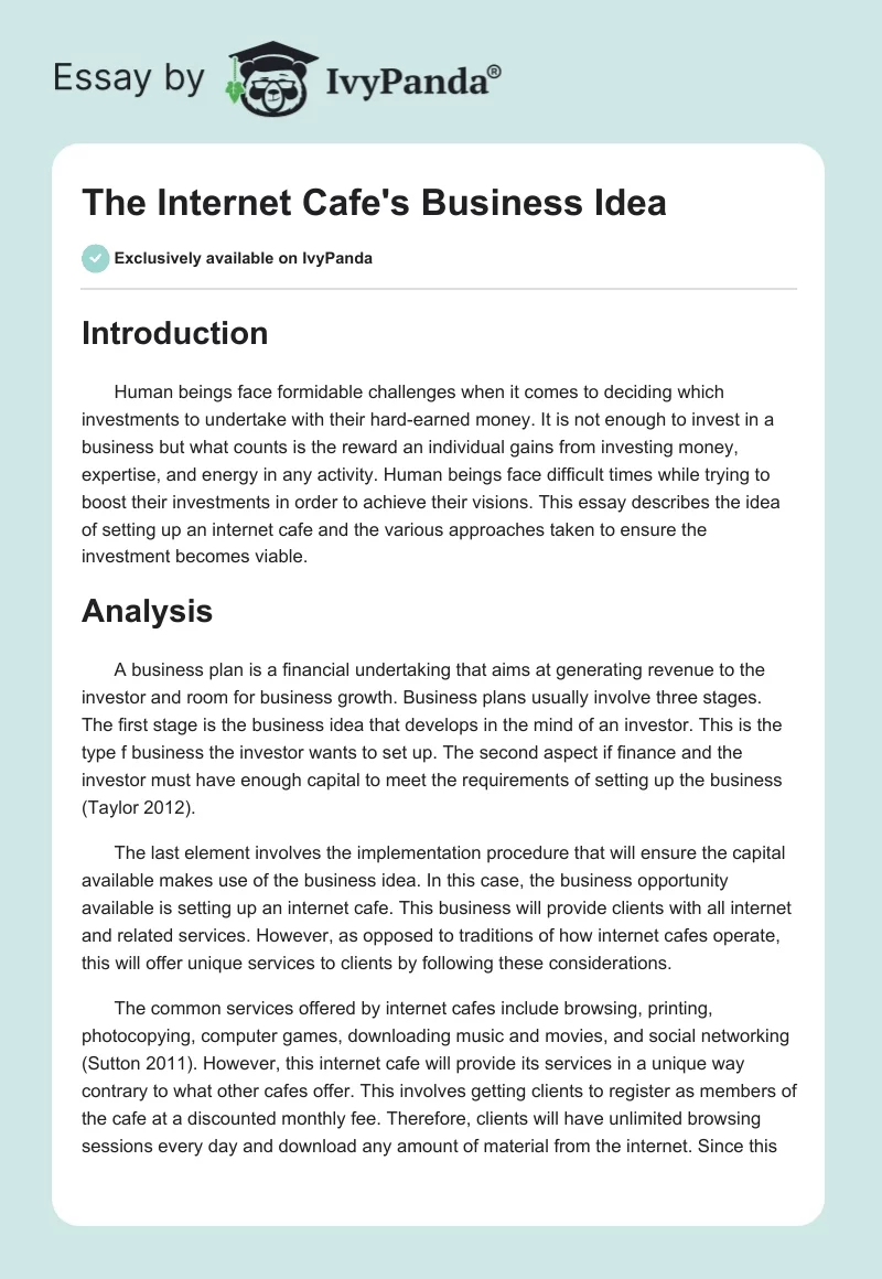 The Internet Cafe's Business Idea. Page 1