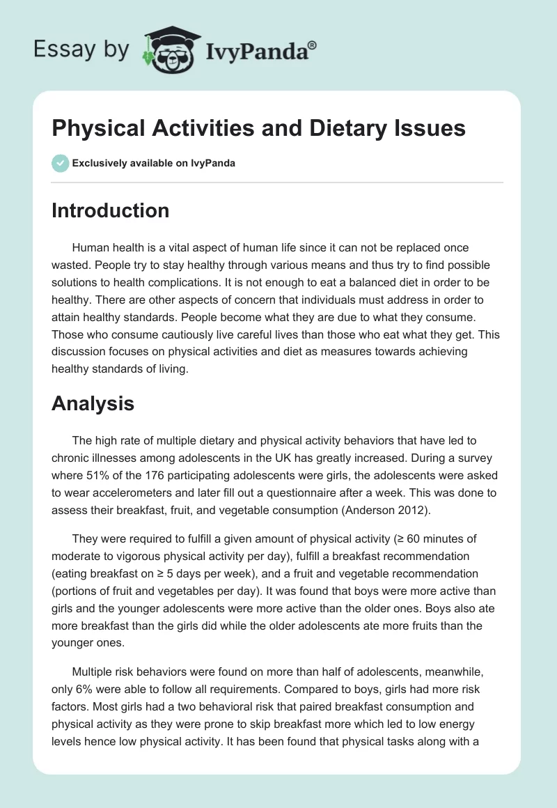 Physical Activities and Dietary Issues. Page 1