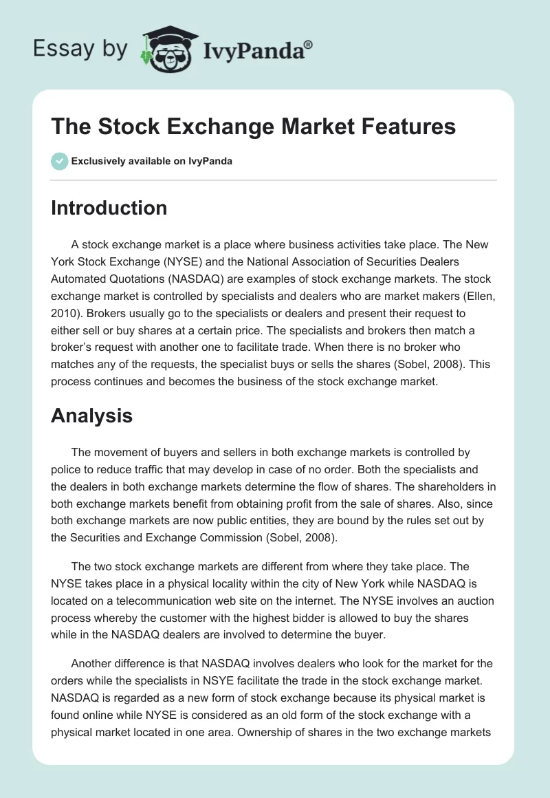The Stock Exchange Market Features. Page 1