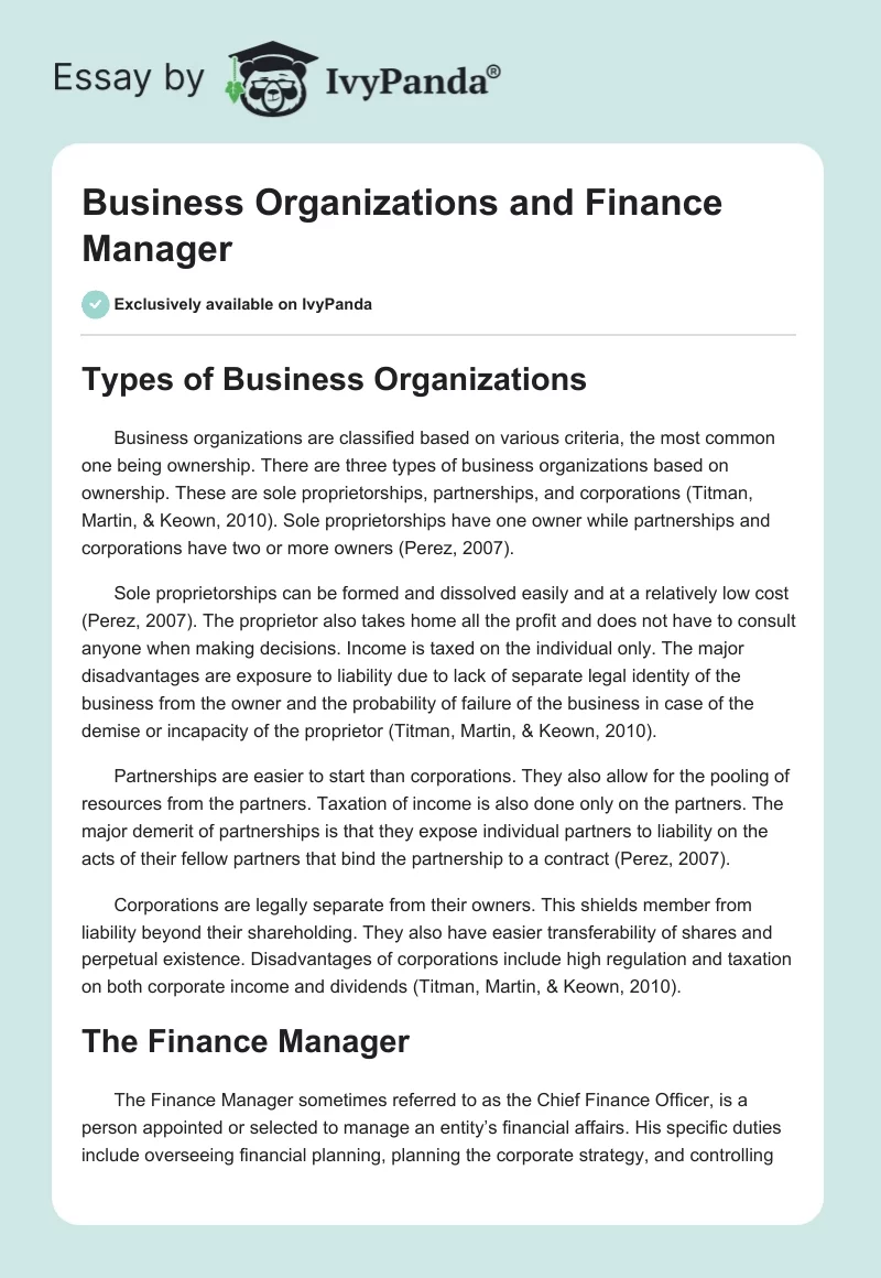 Business Organizations and Finance Manager. Page 1