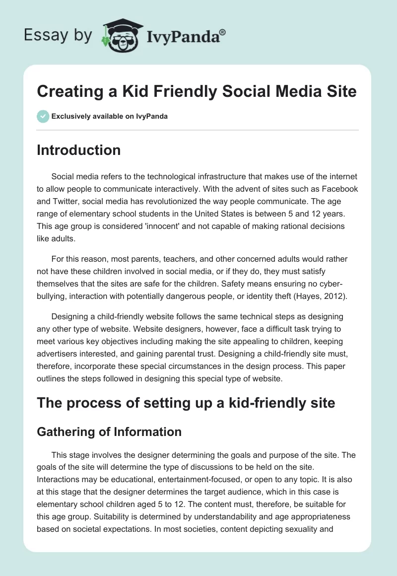 Creating a Kid Friendly Social Media Site. Page 1