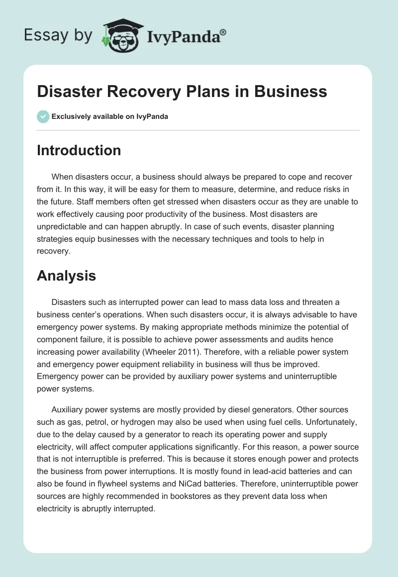 Disaster Recovery Plans in Business. Page 1