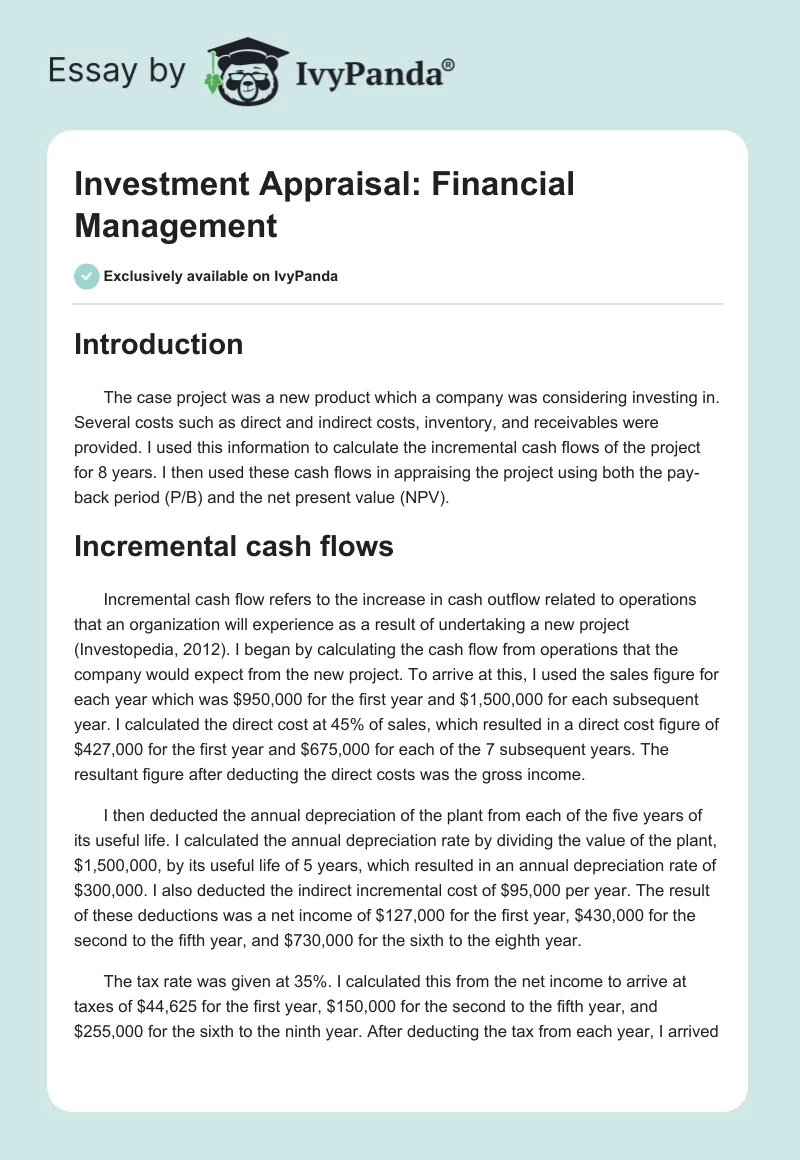 Investment Appraisal: Financial Management. Page 1