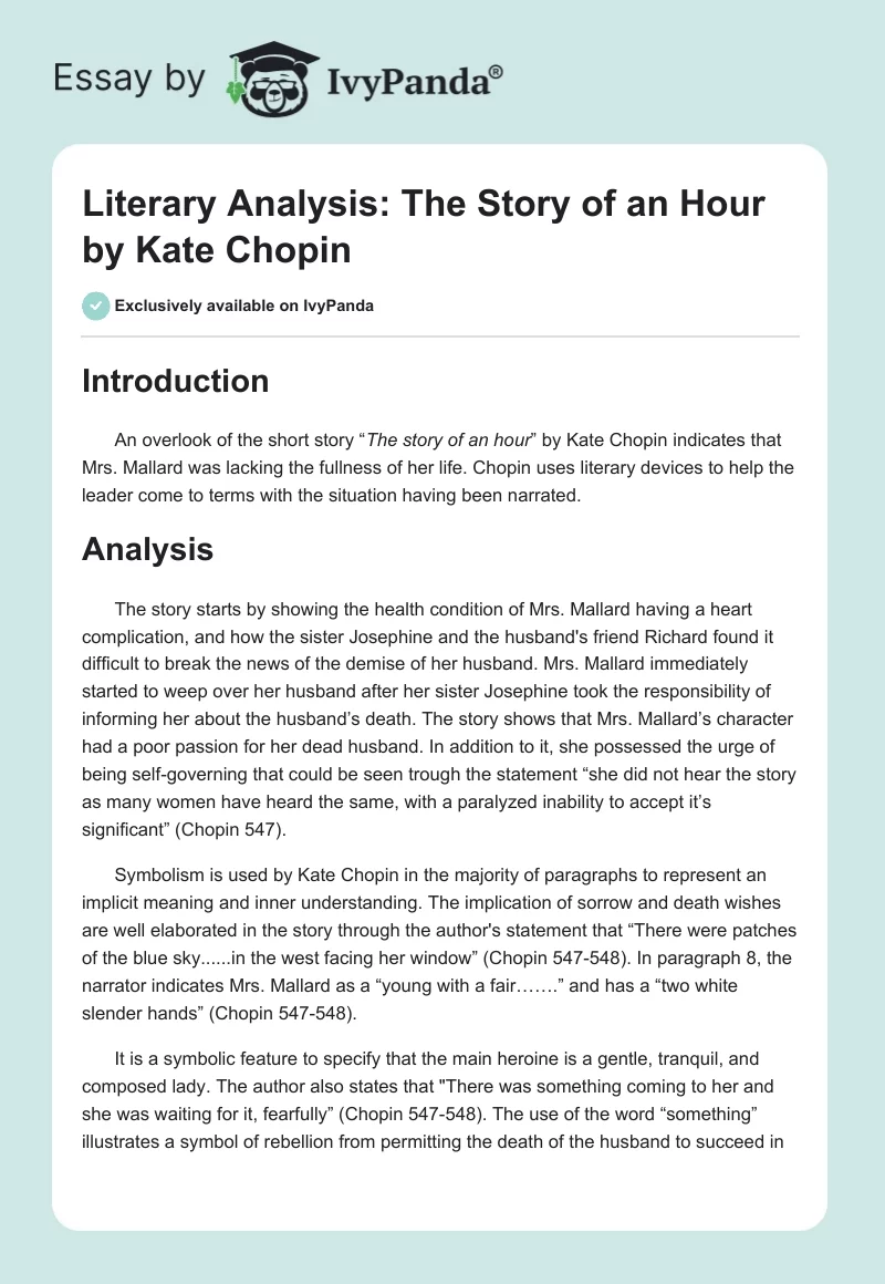 Literary Analysis: The Story of an Hour by Kate Chopin. Page 1