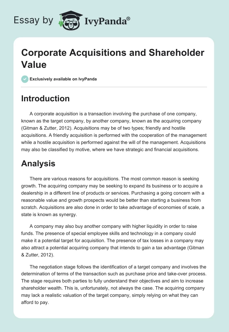Corporate Acquisitions and Shareholder Value. Page 1