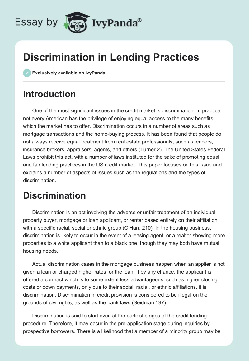 Discrimination in Lending Practices. Page 1