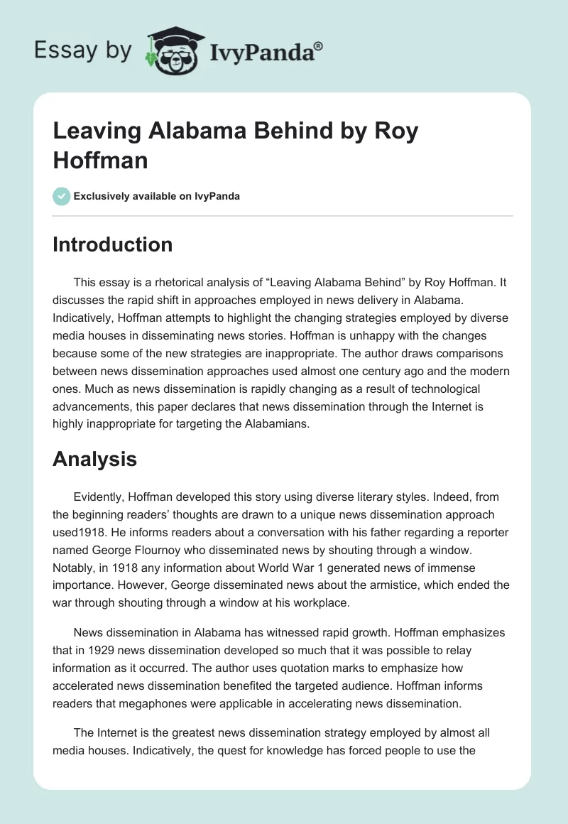 "Leaving Alabama Behind" by Roy Hoffman. Page 1