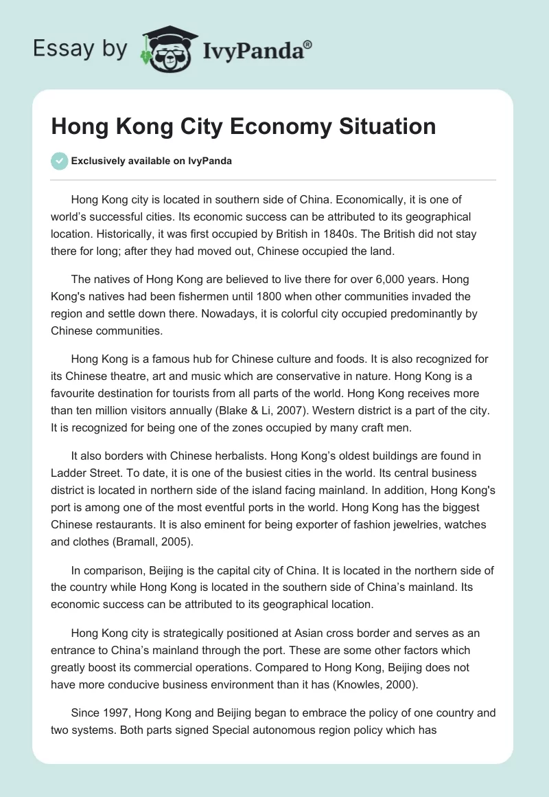 Hong Kong City Economy Situation. Page 1