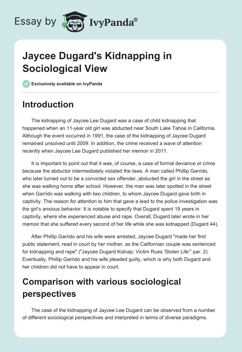 Jaycee Dugard's Kidnapping in Sociological View. Page 1