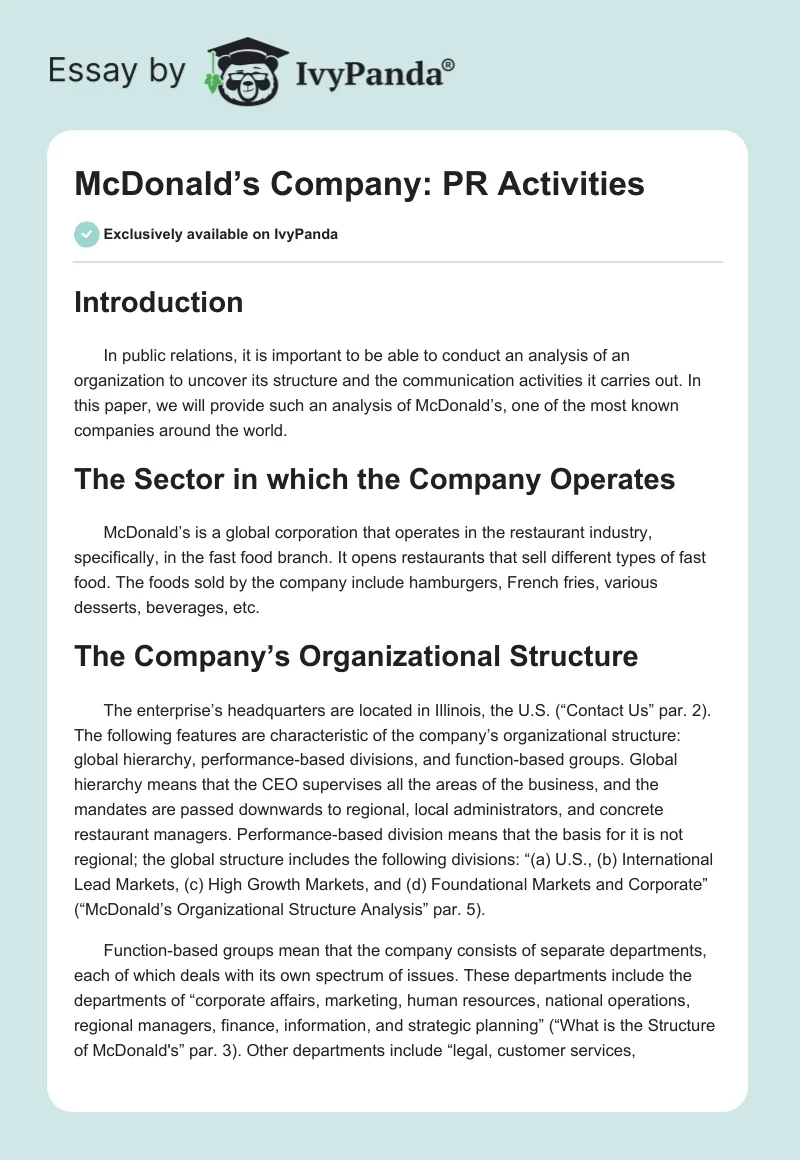 McDonald’s Company: PR Activities. Page 1