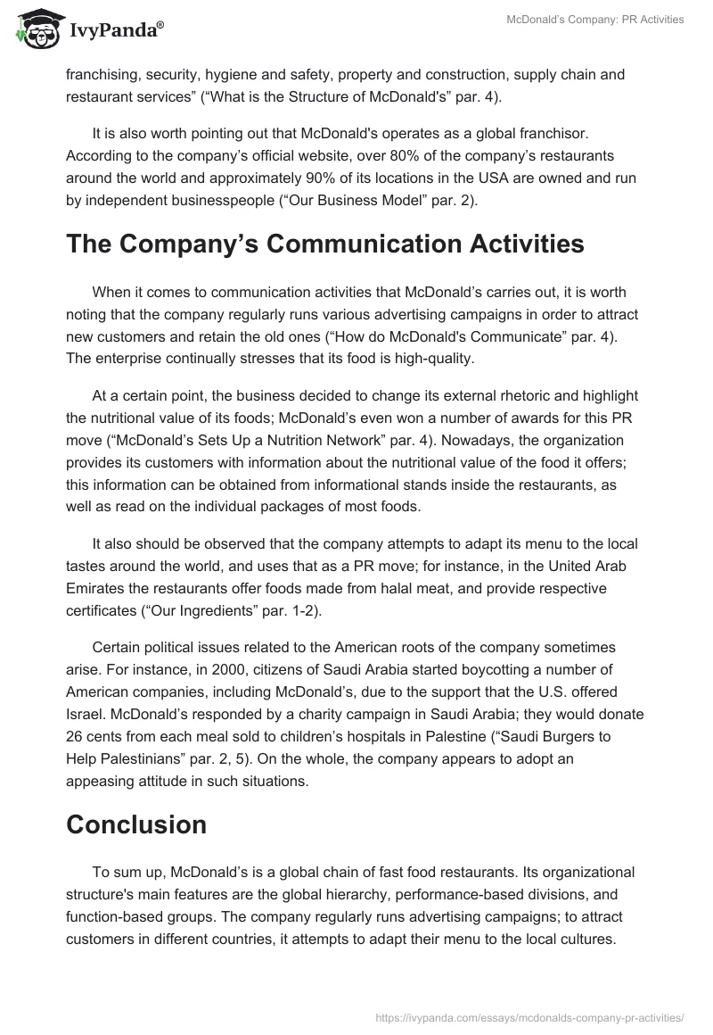 McDonald’s Company: PR Activities. Page 2