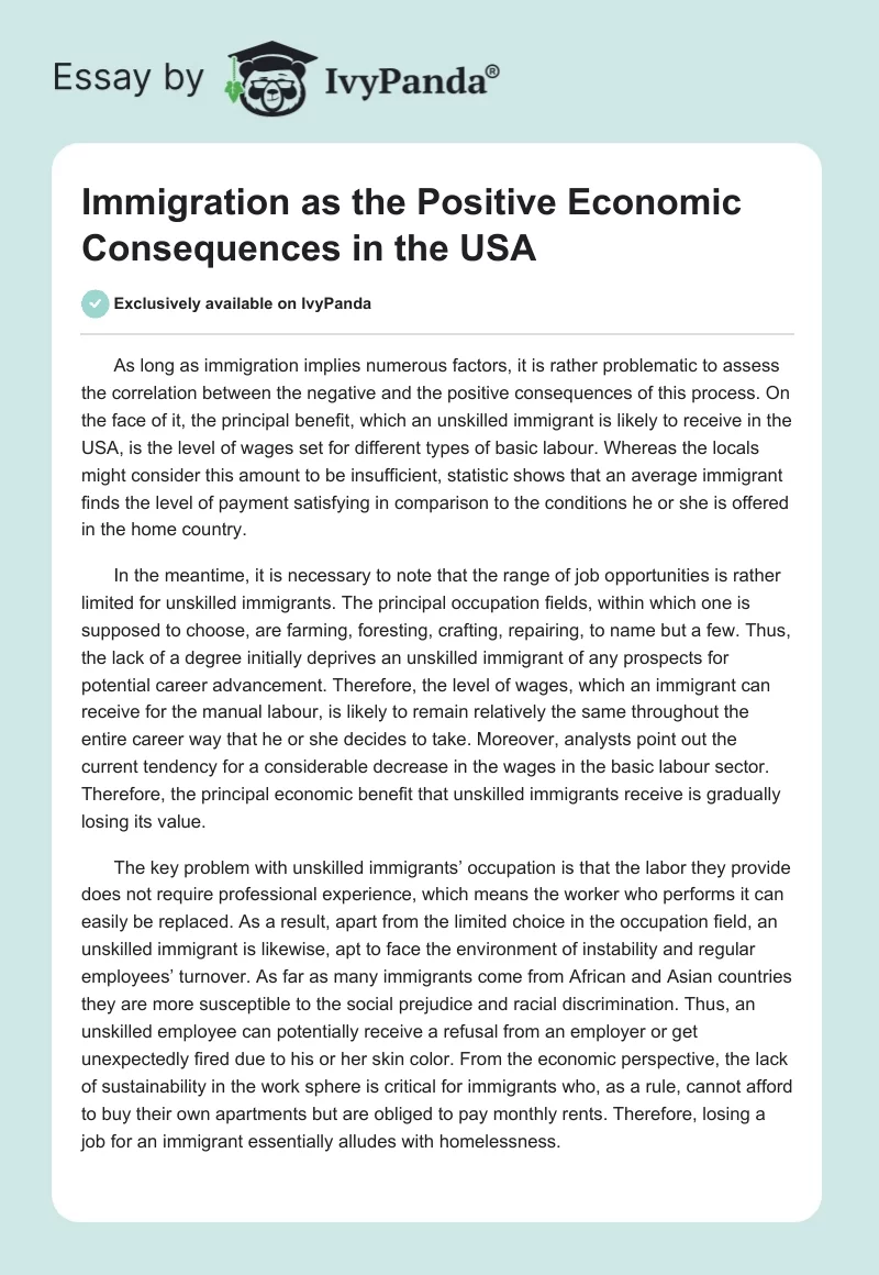 Immigration as the Positive Economic Consequences in the USA. Page 1