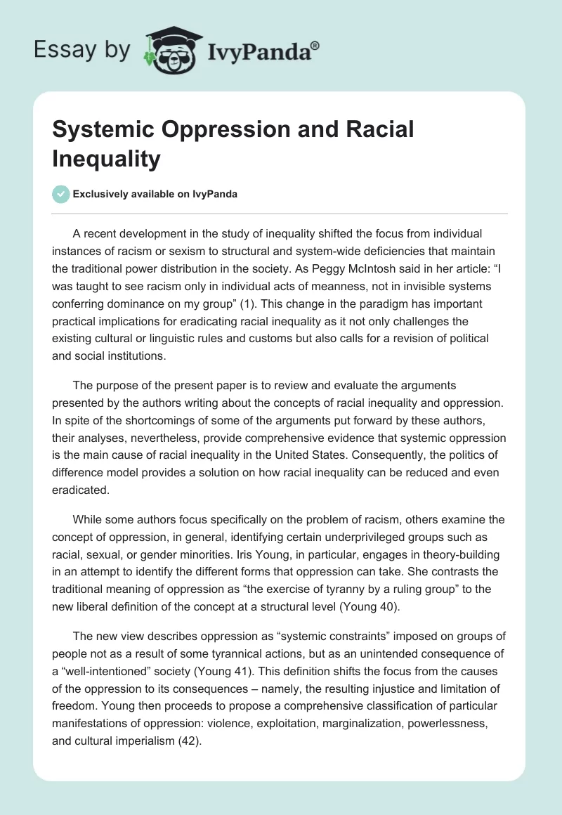 Systemic Oppression and Racial Inequality. Page 1