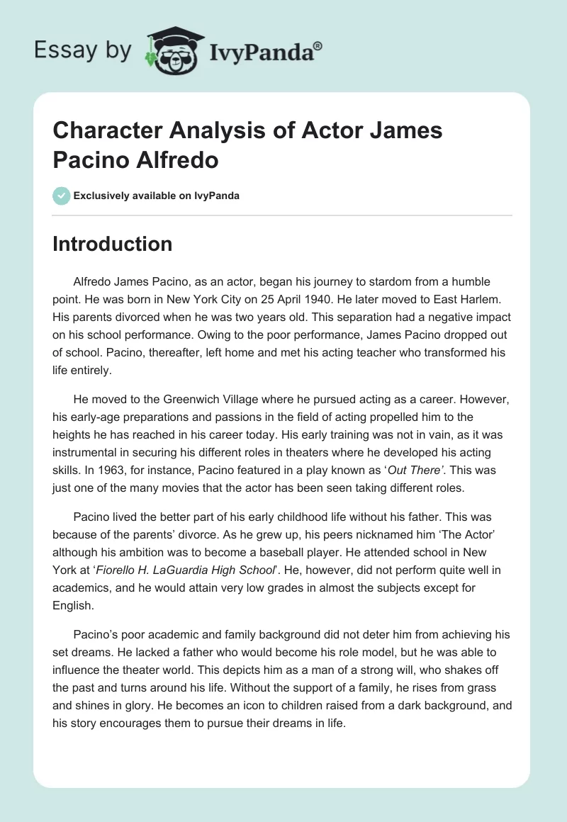 Character Analysis of Actor James Pacino Alfredo. Page 1