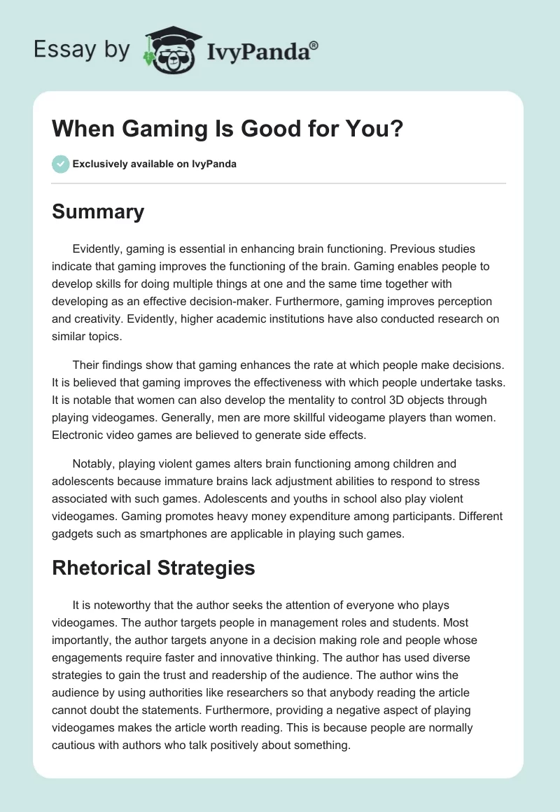 When Gaming Is Good for You?. Page 1