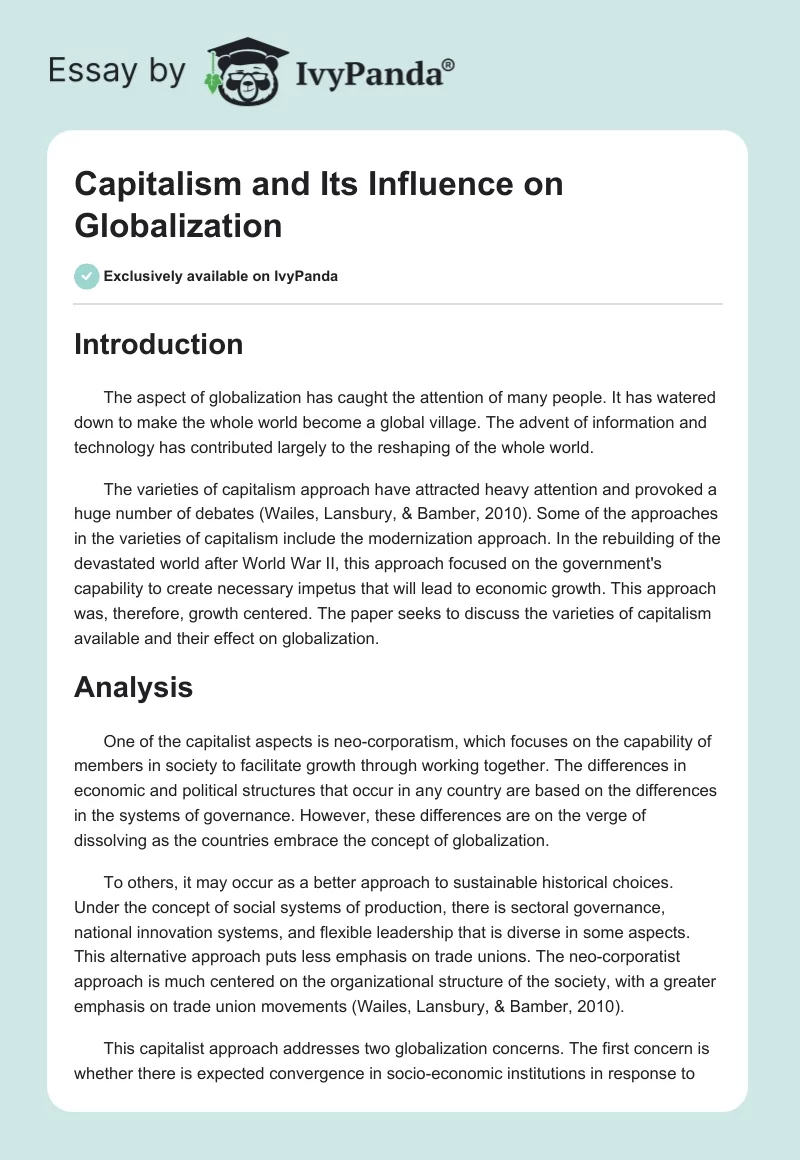 Capitalism and Its Influence on Globalization. Page 1