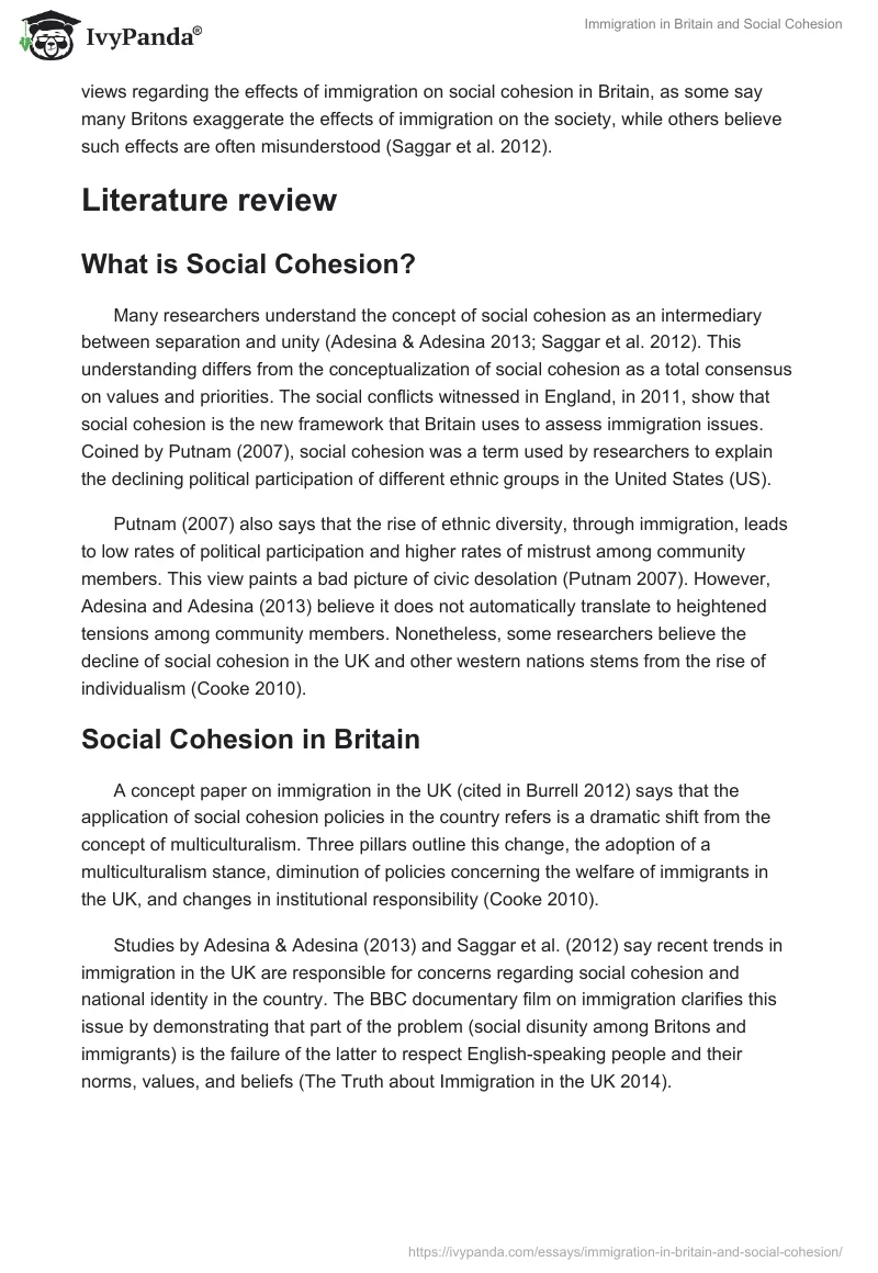 Immigration in Britain and Social Cohesion. Page 2