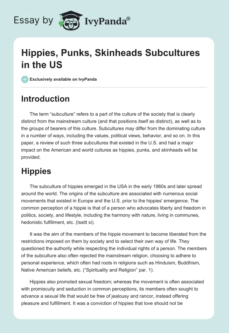 Hippies, Punks, Skinheads Subcultures in the US. Page 1