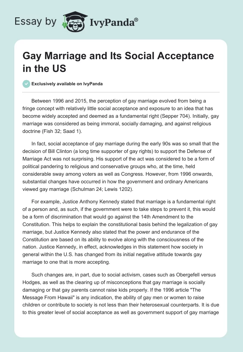 Gay Marriage and Its Social Acceptance in the US. Page 1