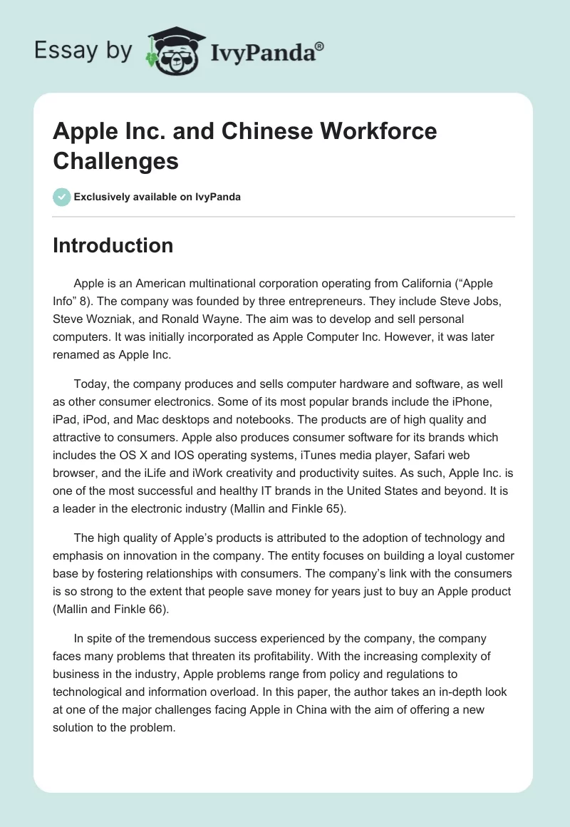 Apple Inc. and Chinese Workforce Challenges. Page 1