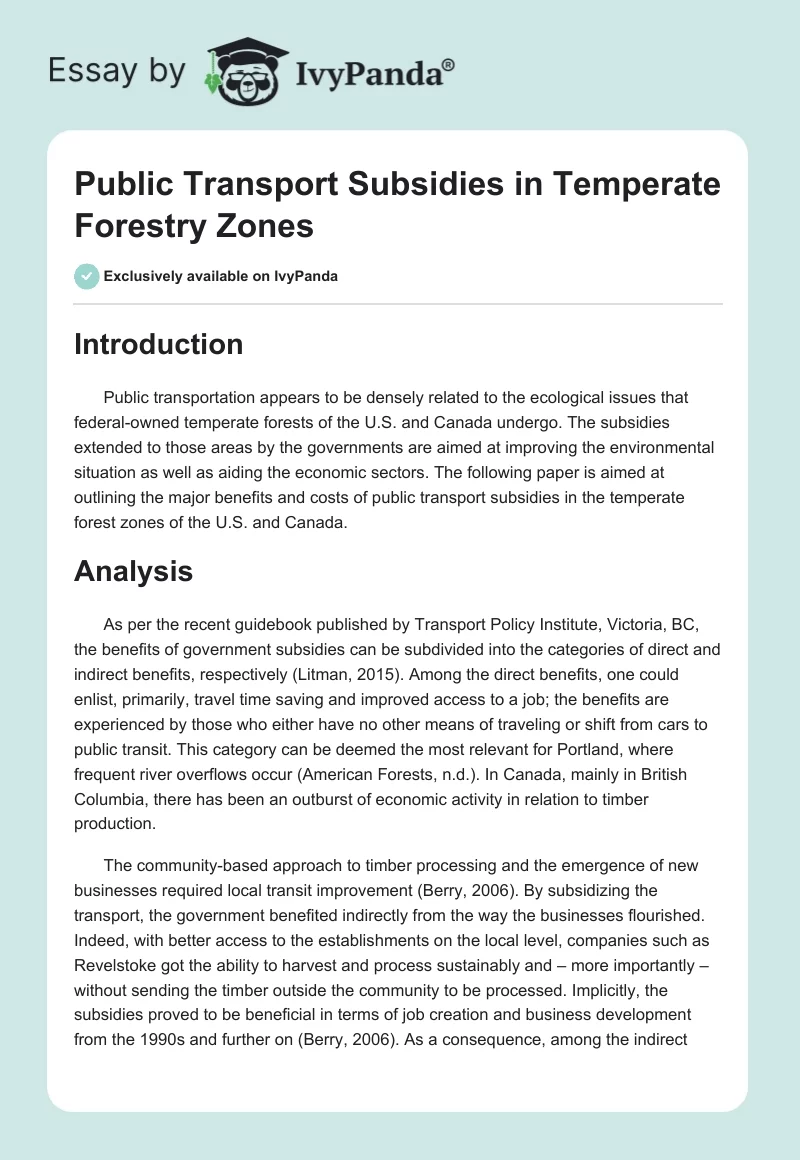 Public Transport Subsidies in Temperate Forestry Zones. Page 1