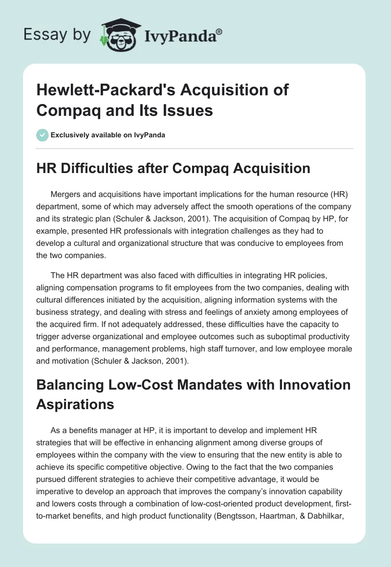 Hewlett-Packard's Acquisition of Compaq and Its Issues. Page 1
