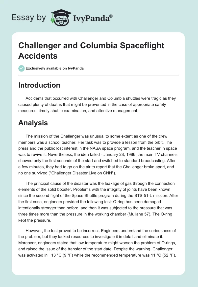 Challenger and Columbia Spaceflight Accidents. Page 1