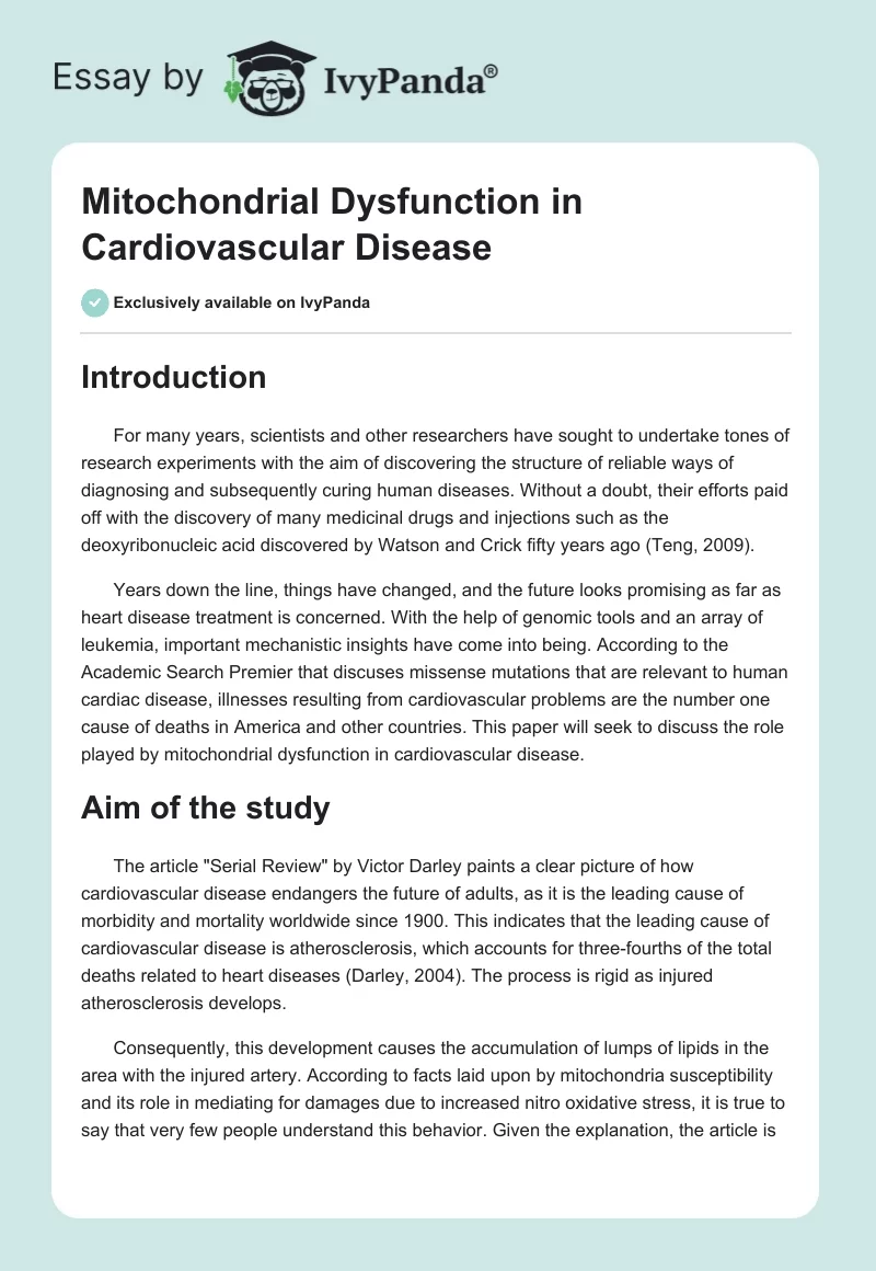 Mitochondrial Dysfunction in Cardiovascular Disease. Page 1