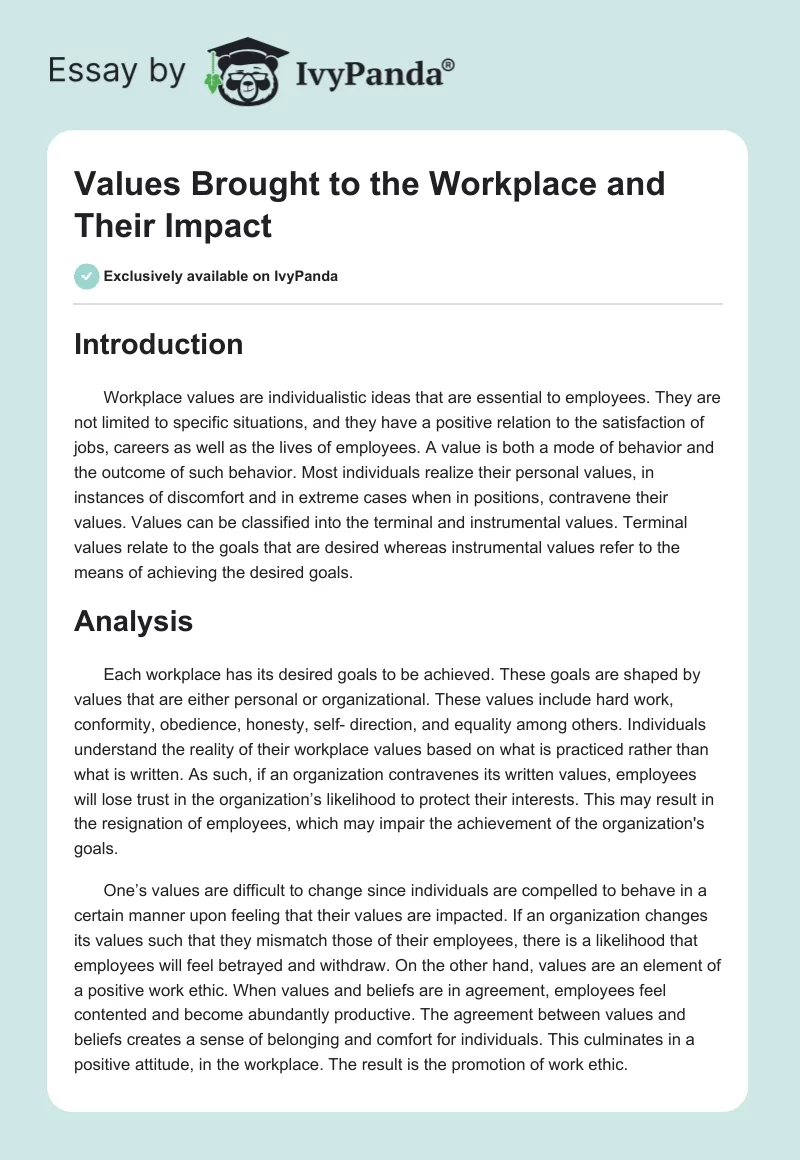 Values Brought to the Workplace and Their Impact. Page 1