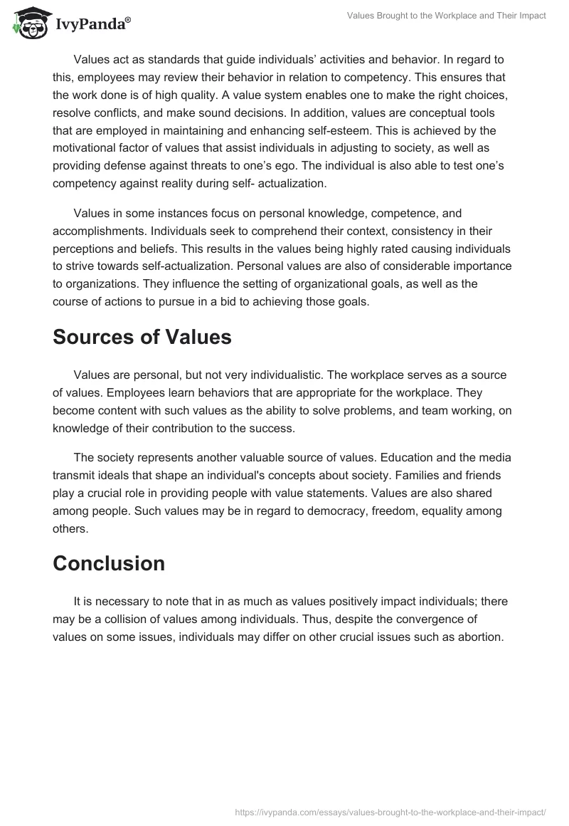 Values Brought to the Workplace and Their Impact. Page 2