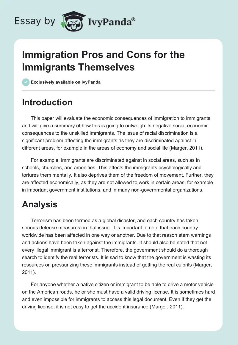 Immigration Pros and Cons for the Immigrants Themselves. Page 1