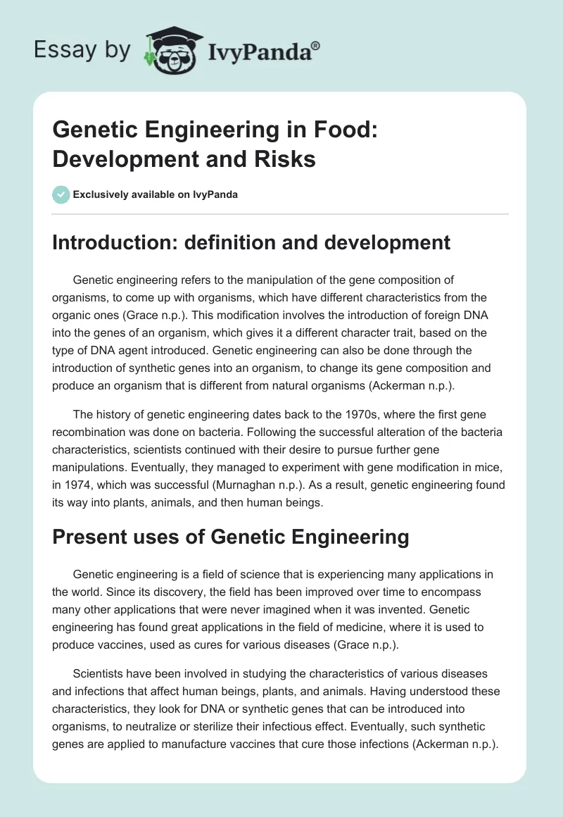 Genetic Engineering in Food: Development and Risks. Page 1
