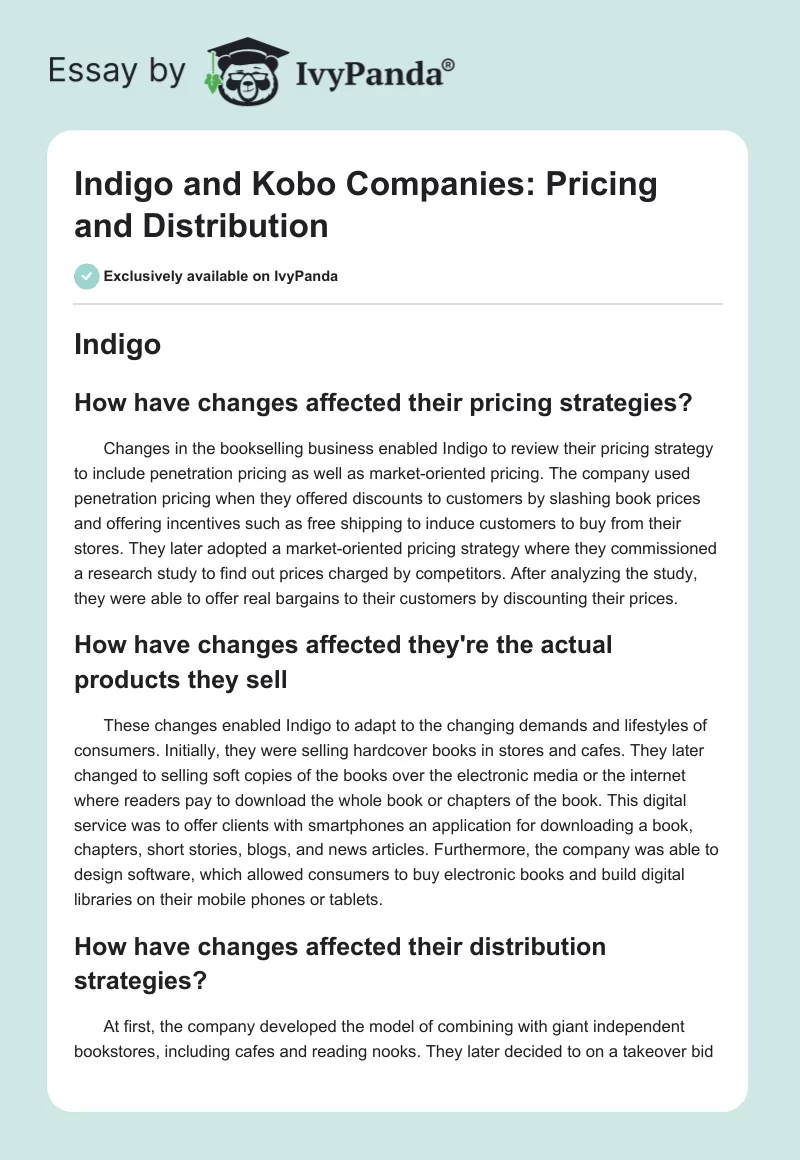 Indigo and Kobo Companies: Pricing and Distribution. Page 1