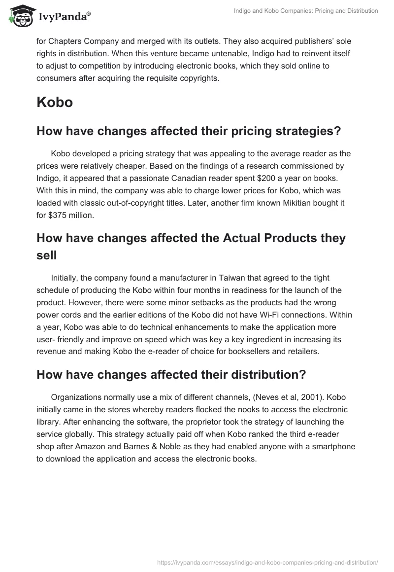 Indigo and Kobo Companies: Pricing and Distribution. Page 2