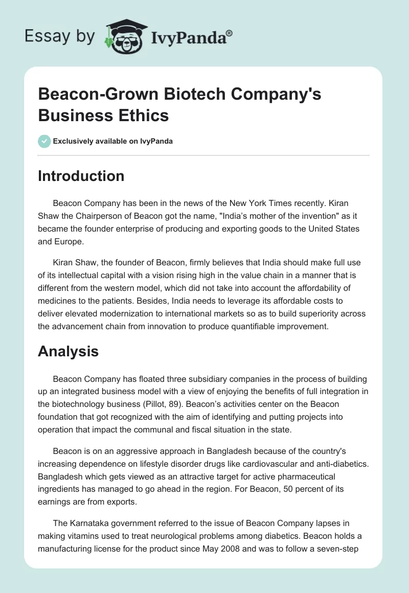 Beacon-Grown Biotech Company's Business Ethics. Page 1