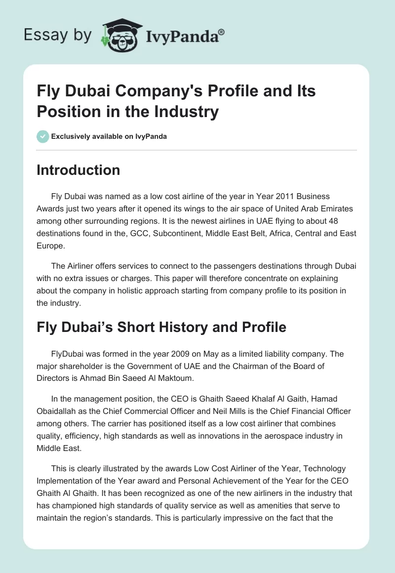 Fly Dubai Company's Profile and Its Position in the Industry. Page 1
