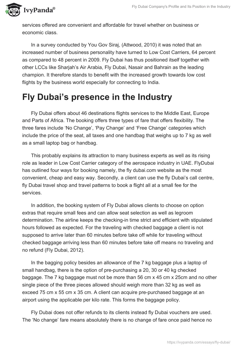 Fly Dubai Company's Profile and Its Position in the Industry. Page 2