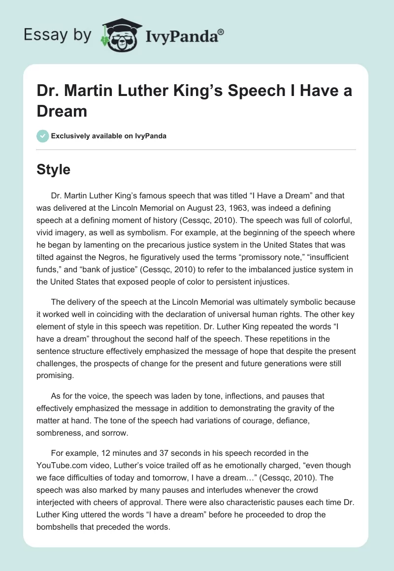 Dr. Martin Luther King’s Speech I Have a Dream. Page 1