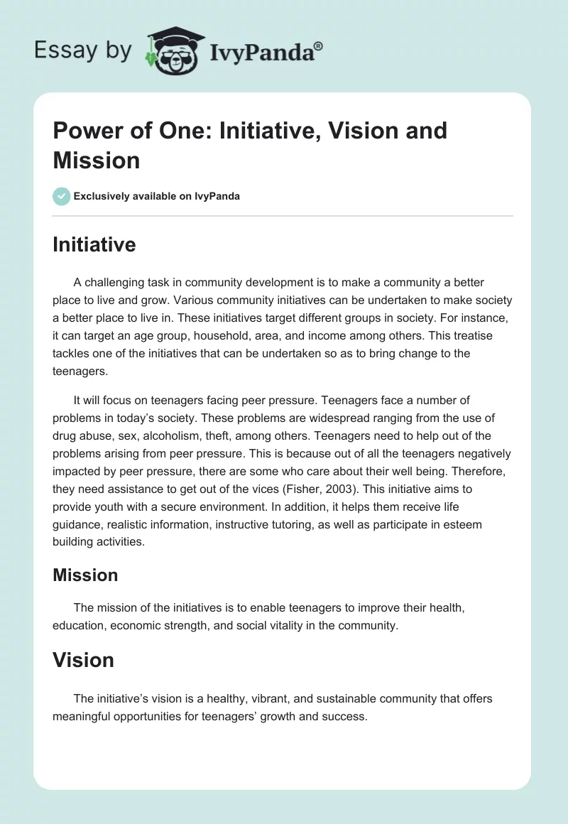 Power of One: Initiative, Vision and Mission. Page 1