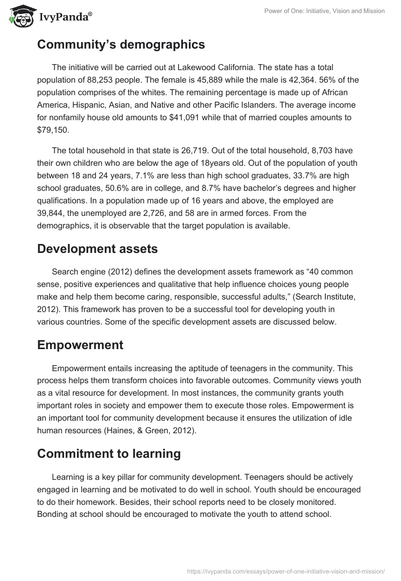 Power of One: Initiative, Vision and Mission. Page 2
