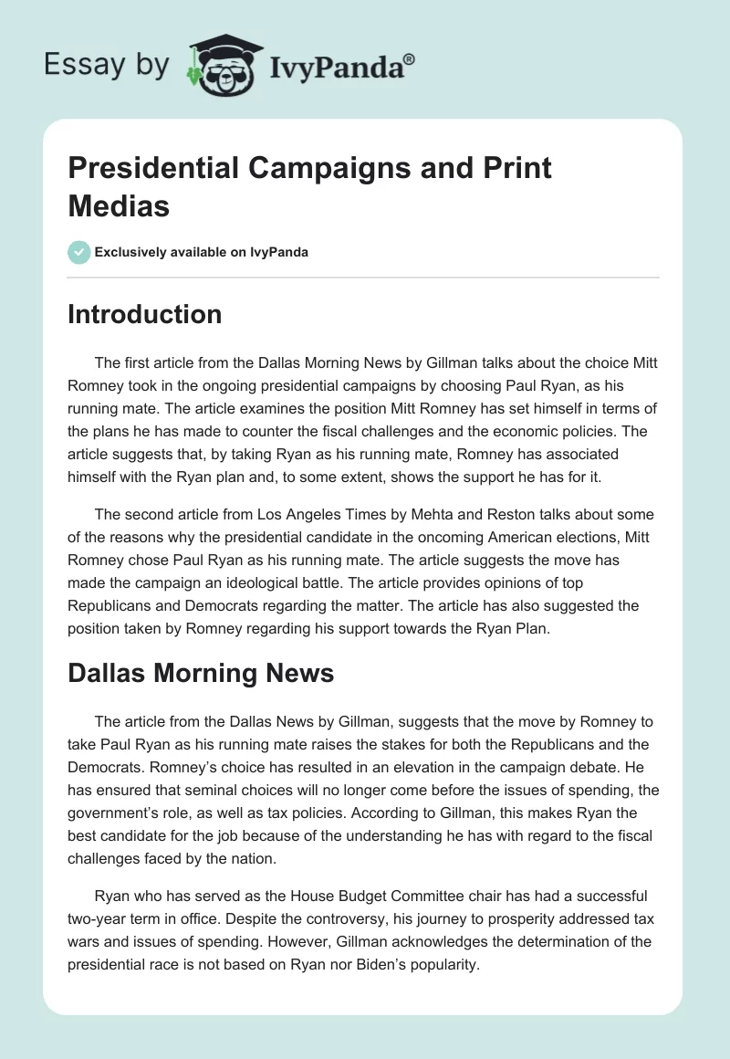 Presidential Campaigns and Print Medias. Page 1