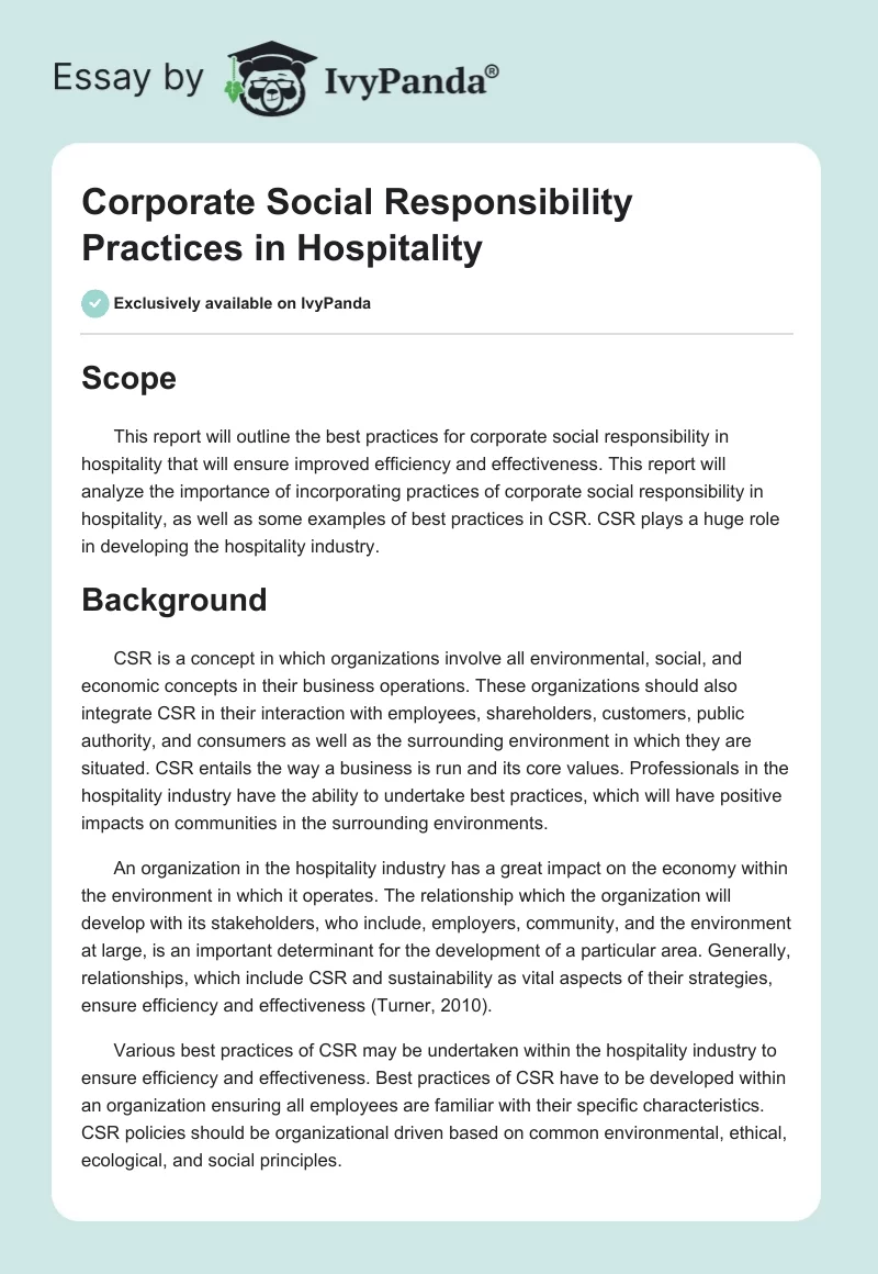 Corporate Social Responsibility Practices in Hospitality. Page 1
