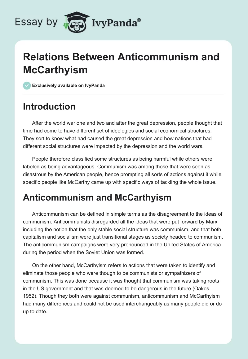 Relations Between Anticommunism and McCarthyism. Page 1