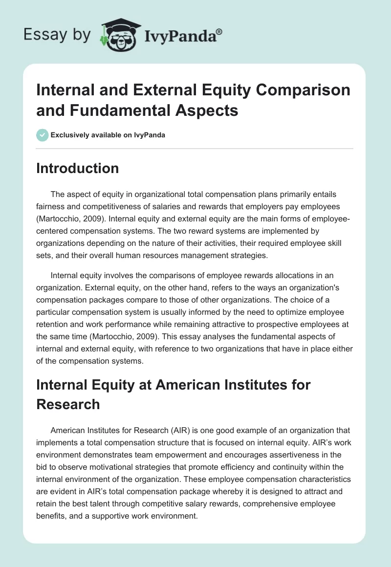 Internal and External Equity Comparison and Fundamental Aspects. Page 1